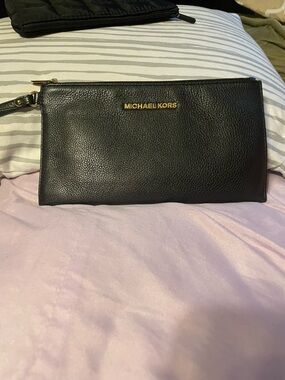 Michael Kors Black Pebbled Leather Wristlet with Gold Logo